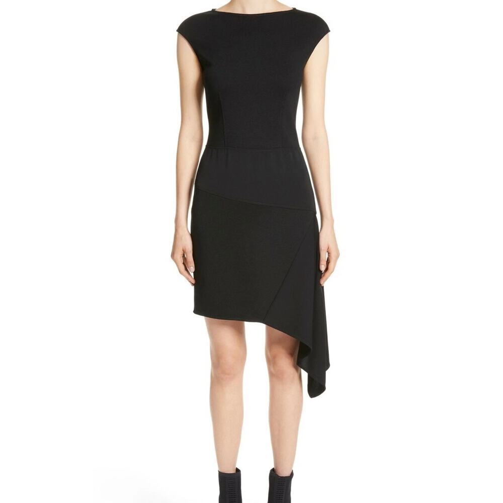 St John Size 8 Asymmetrical Milano Knit Dress Black Wool Rayon Blend Cap Sleeves